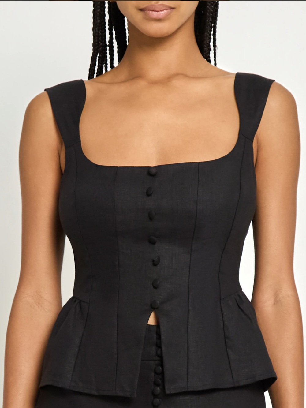 Black Square-Neck Linen Peplum Top